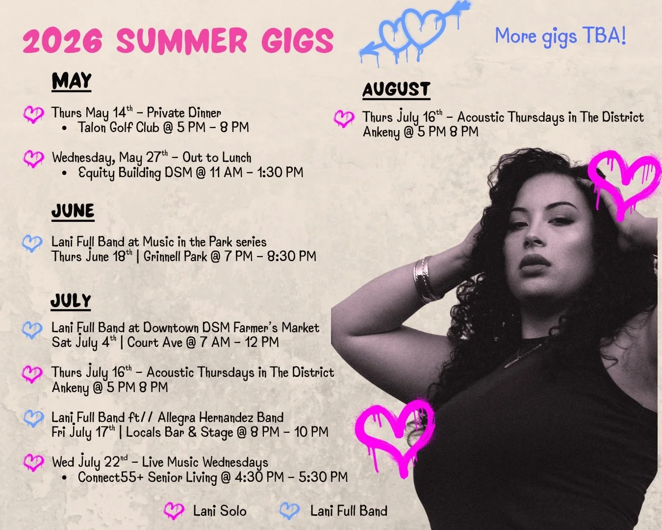 So excited to FINALLY announce the confirmed gigs of this summer! 🔥 Come see me solo or with the full band!! 🥁 More gigs TBA!! 🎶