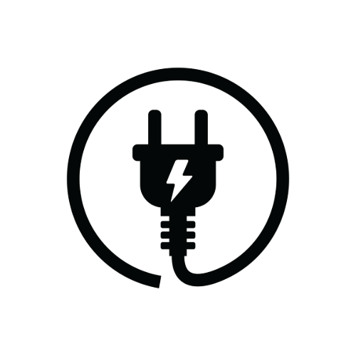 Icon of a power plug within a circle, with a lightning bolt symbol on the plug, representing an electrical or charging concept.