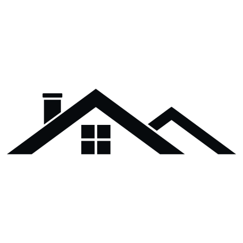 A black and white icon of a house with a chimney and four windows.