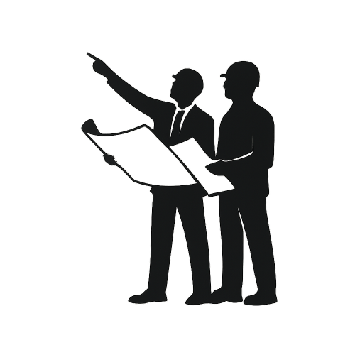 Two shadowed male figures in business attire are discussing and pointing at a large document or blueprint.