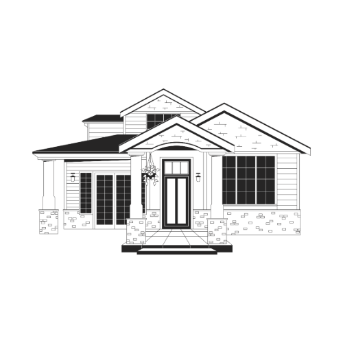Line drawing of a modern two-story house with a front porch and large windows.