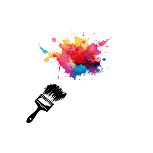 A paintbrush with black bristles and handle, with colorful paint splatters in pink, yellow, orange, blue, and purple above it.