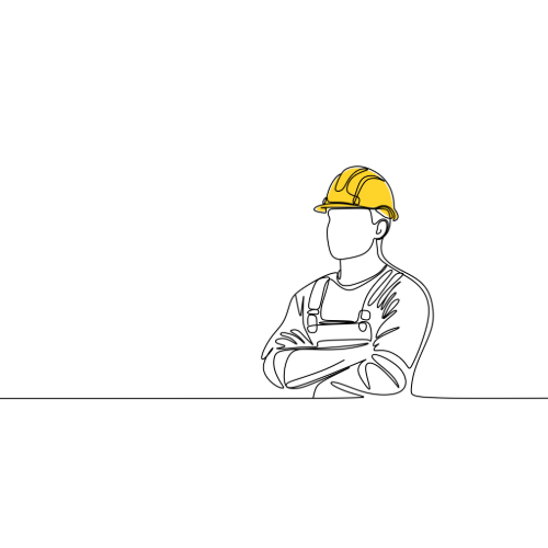 Line drawing of a construction worker wearing a yellow hard hat, standing with arms crossed, facing forward.