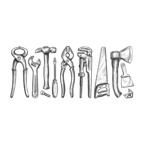 Drawing of various hand tools arranged to spell the word 'TOOLS' including pliers, wrench, hammer, screwdriver, clamp, saw, axe, and a measuring tape.