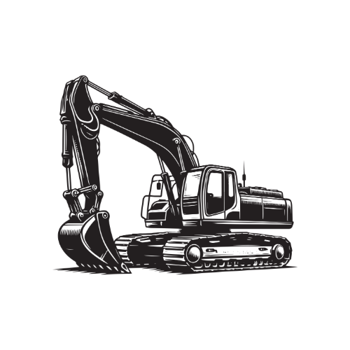 Black and white illustration of a heavy-duty excavator with a long arm and a bucket, sitting on tracked wheels.