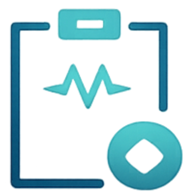 Icon of a clipboard with a pulse line, a circular medical symbol in the bottom right corner.