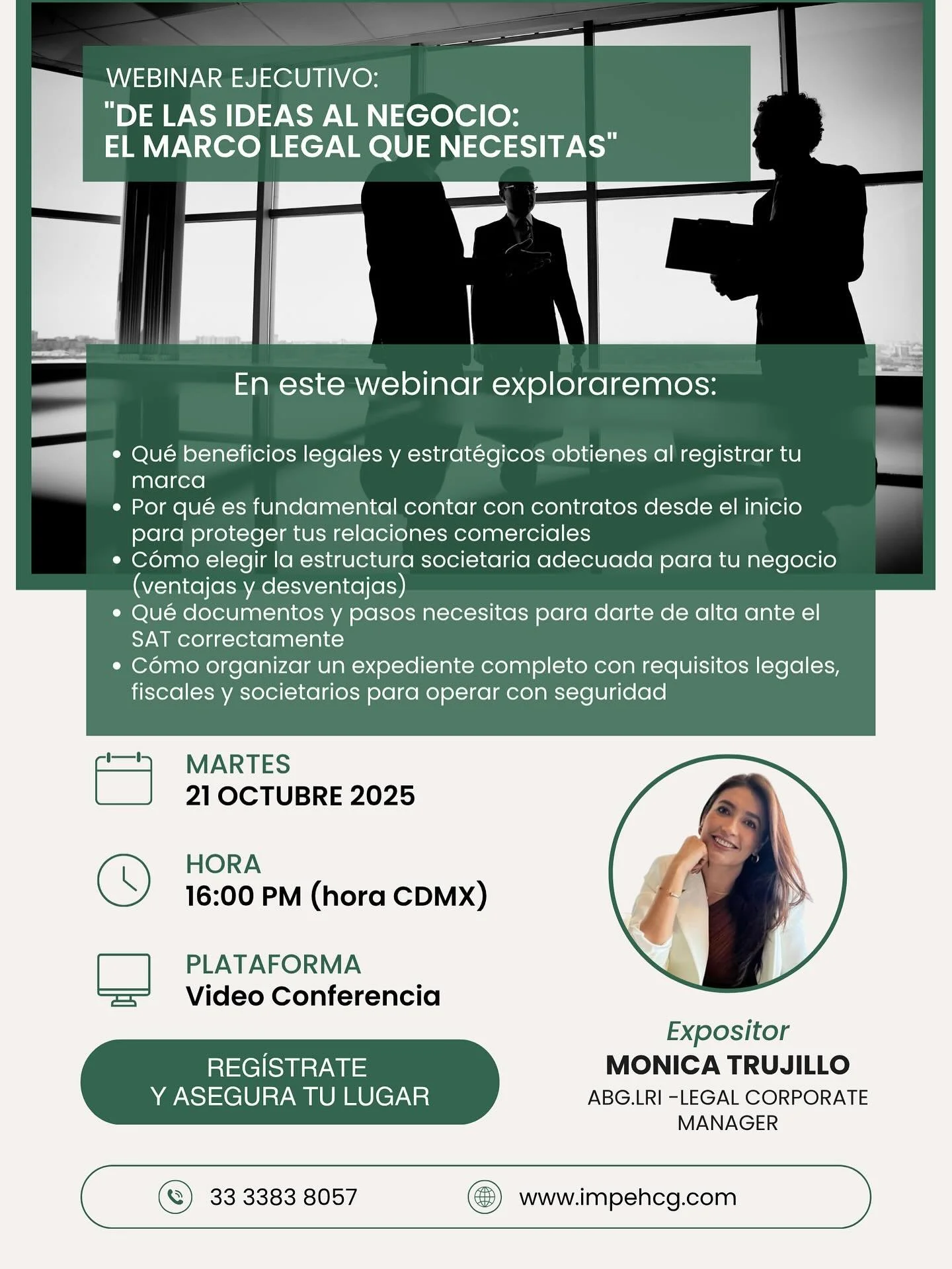 💡 &iquest;Tienes una gran idea y quieres transformarla en un negocio s&oacute;lido?
Antes de dar el siguiente paso, aseg&uacute;rate de conocer el marco legal que proteger&aacute; tu emprendimiento desde el inicio. ⚖️

En este Webinar Ejecutivo, des