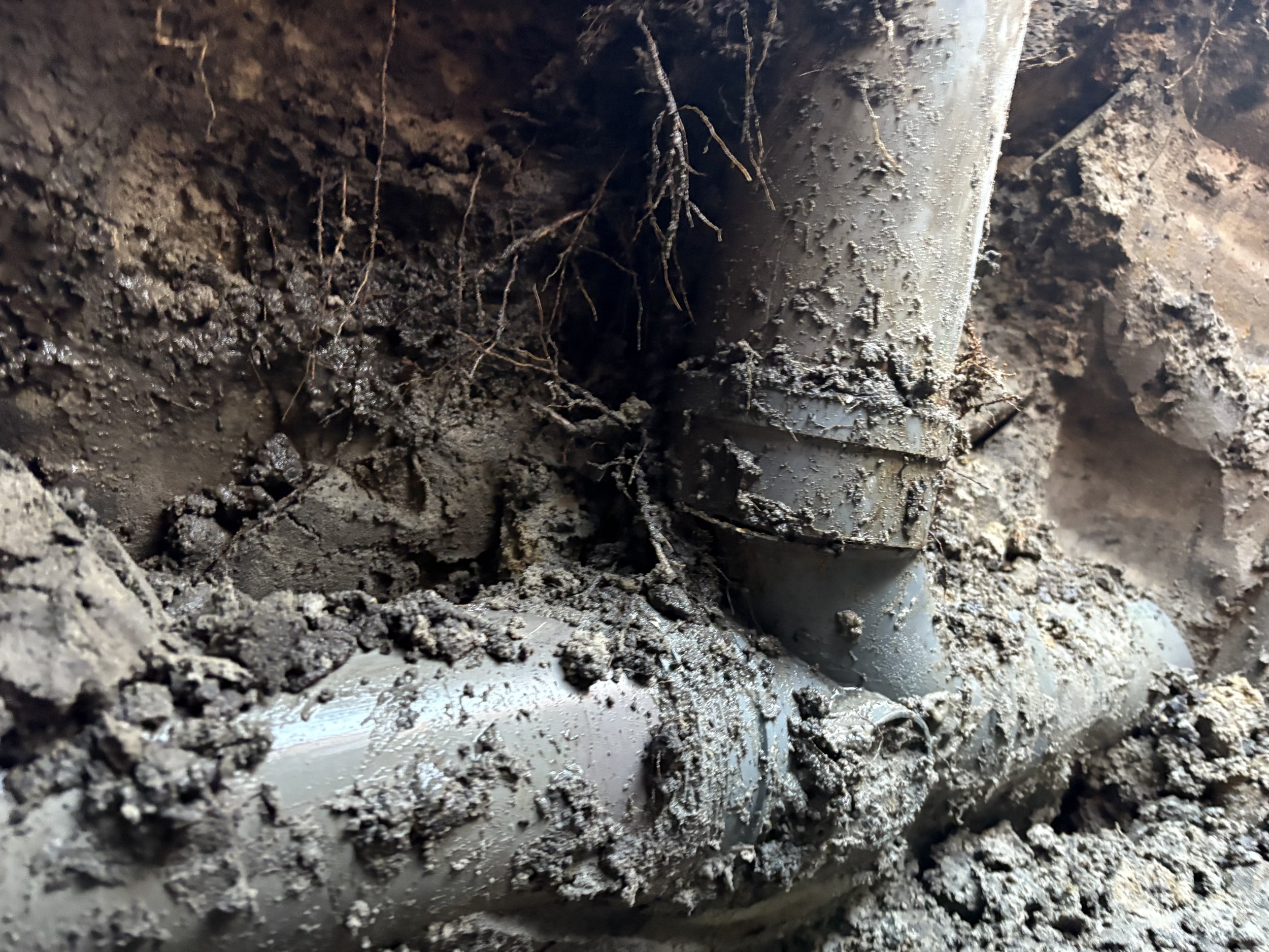 Close-up photograph of a gray PVC pipe underground, partially covered with dirt and small roots.
