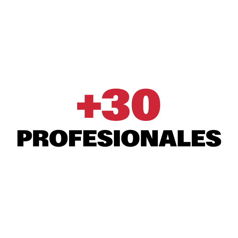 Logo con texto '+30 profesionales' en colores rojo y negro.