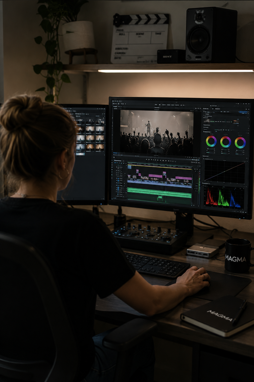 Persona editando un video en una pantalla, en un estudio con equipo de audio y una taza negra que dice 'MAGMA'.