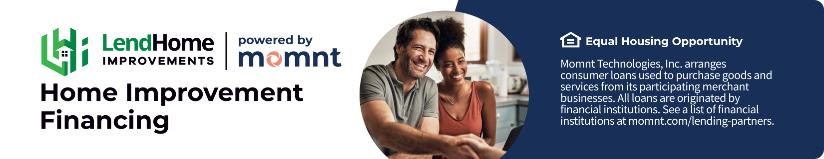 Horizontally divided image with the LendHome Improvements logo and text on the left, and a smiling couple in a kitchen on the right, with a blue section containing information about loan options and partnerships.