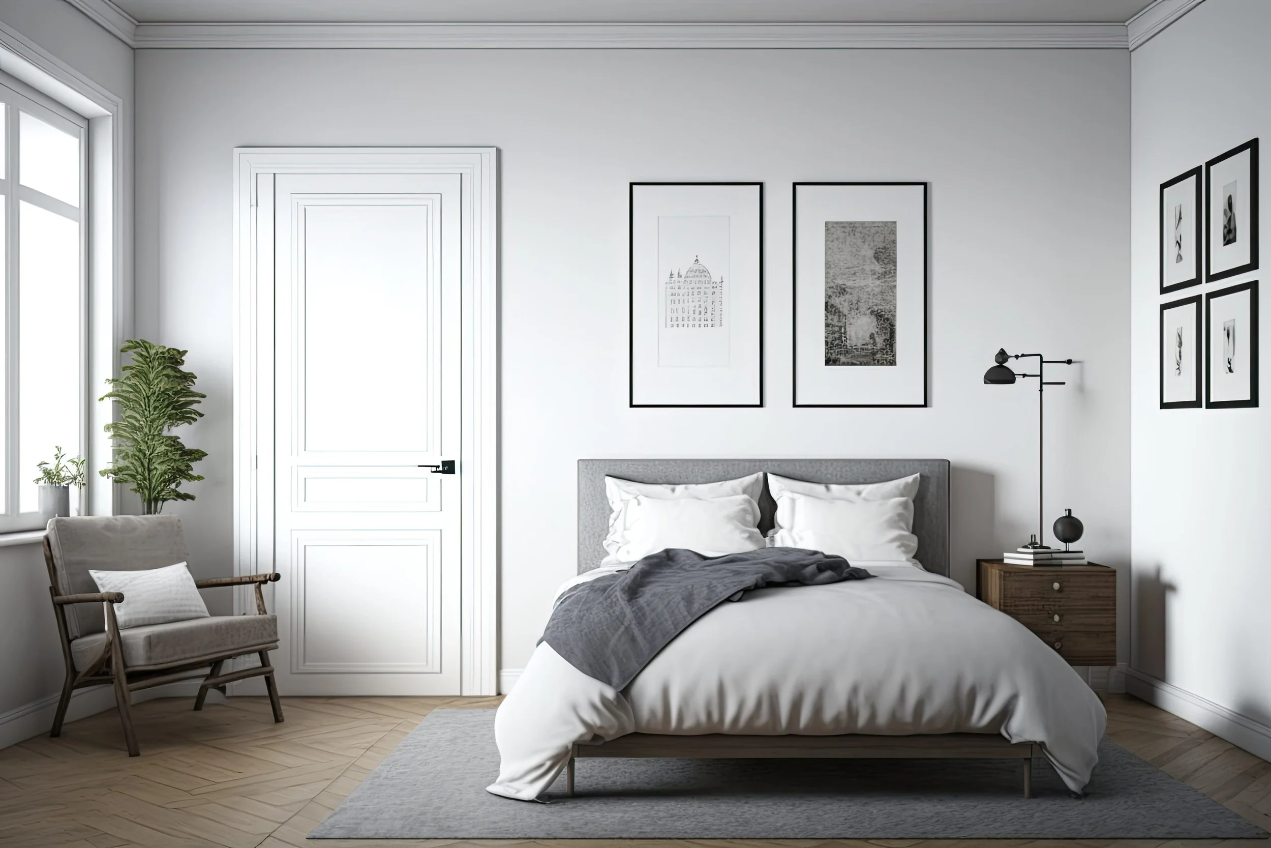 A minimalist bedroom with white walls and framed wall art, featuring a bed with gray bedding, a nightstand with a black lamp and decorative objects, a wooden chair, and green houseplants near a window.