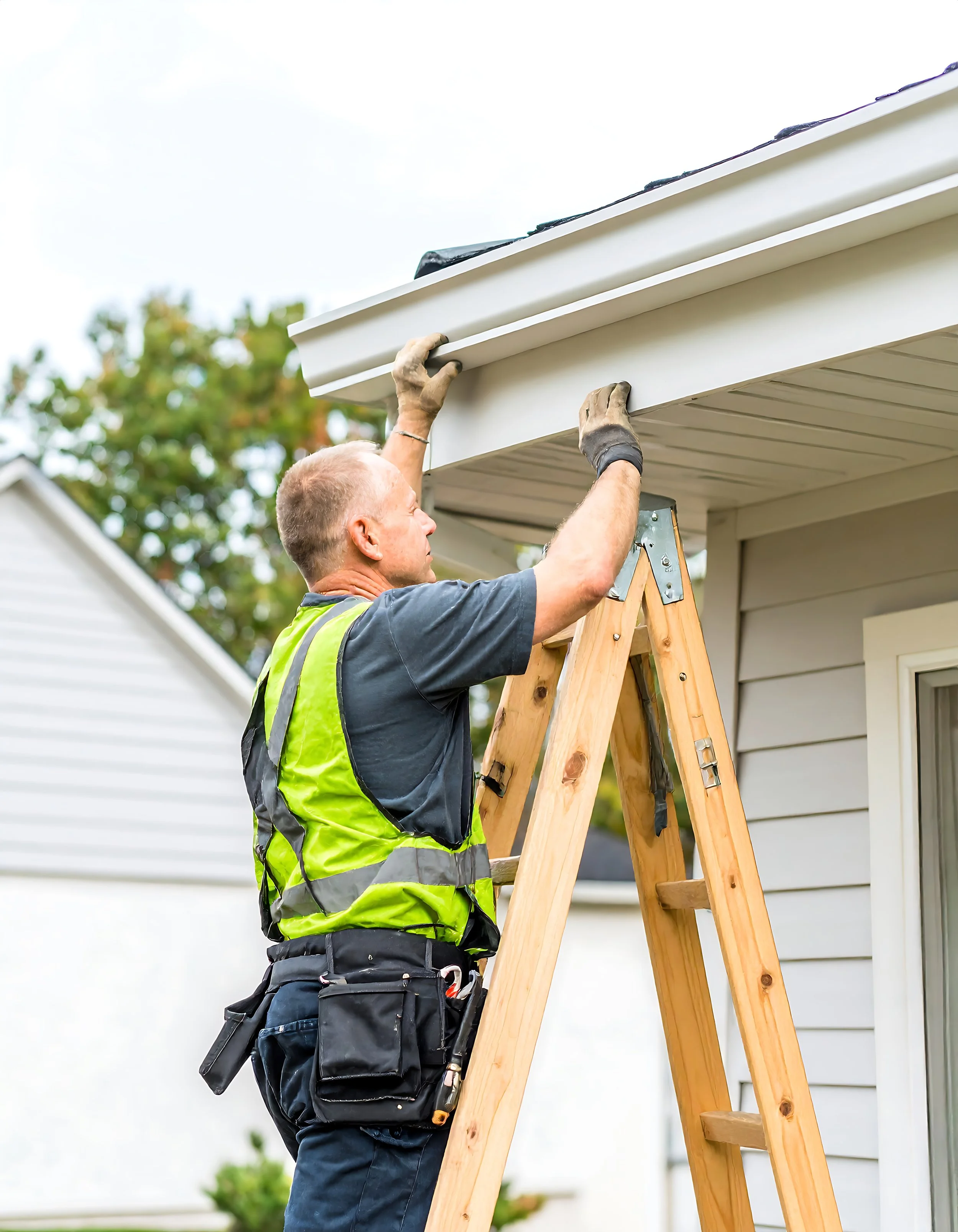 A man wearing a high-visibility safety vest is working on the roof of a house, using a ladder to reach the roofline.