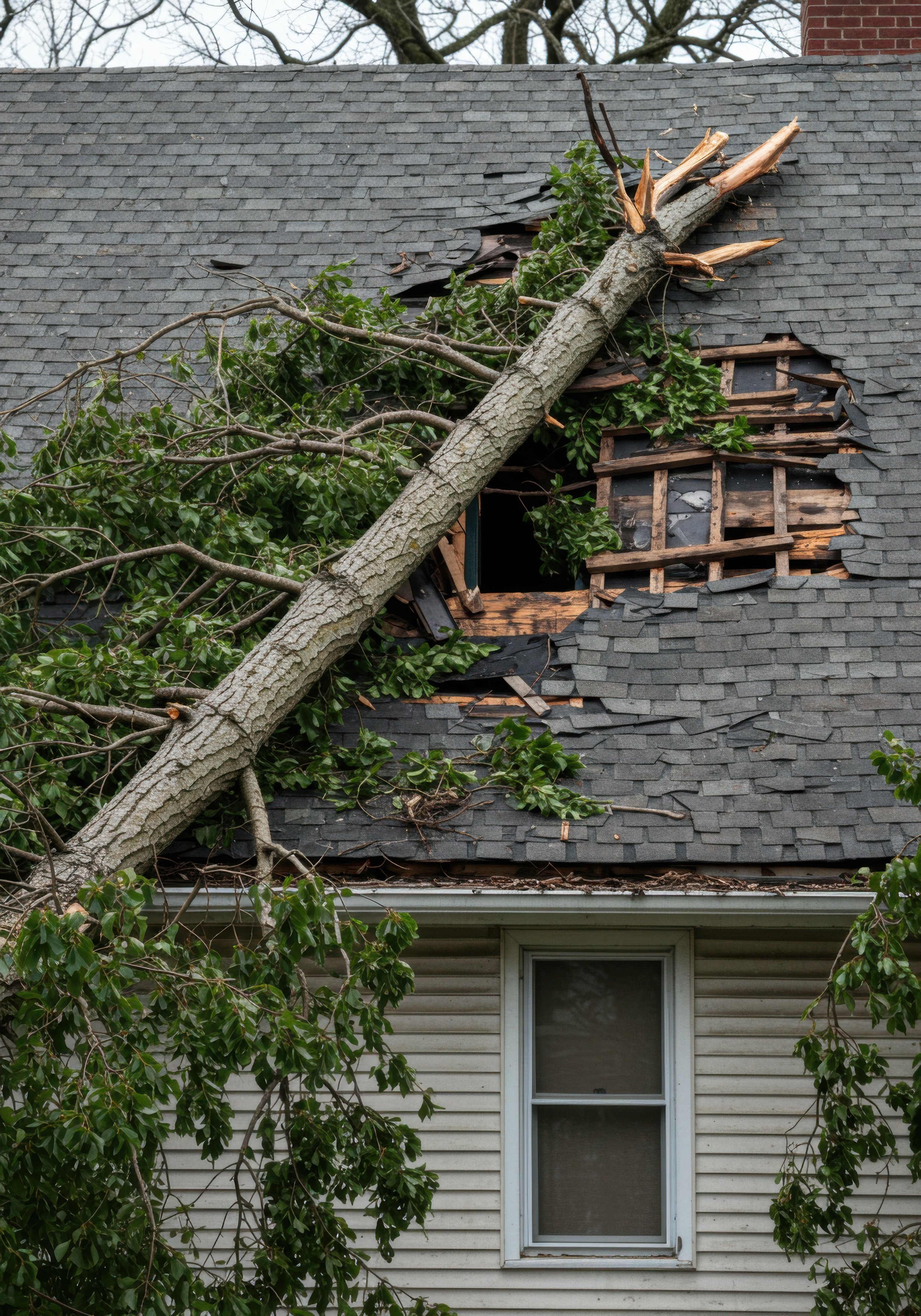 A house's roof with a damaged section where a tree has fallen through, exposing wooden framing and shingles. A tree branch extends diagonally across the image, and the house's exterior has beige siding with a window below the damage.