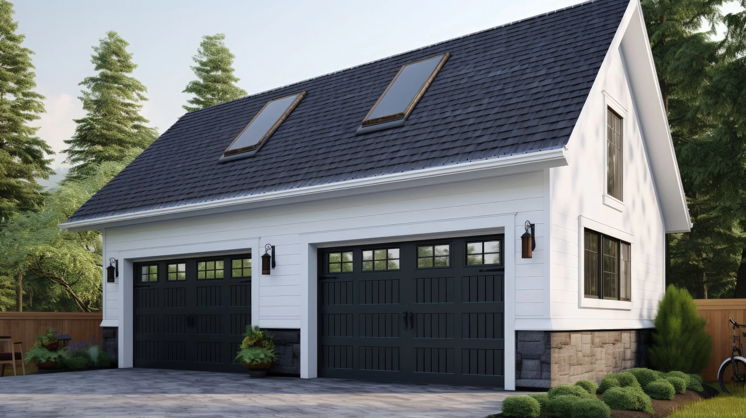 A white garage with black doors, two large windows on the side, black wall lanterns, and a gable roof with two skylights, surrounded by trees and a landscaped yard.