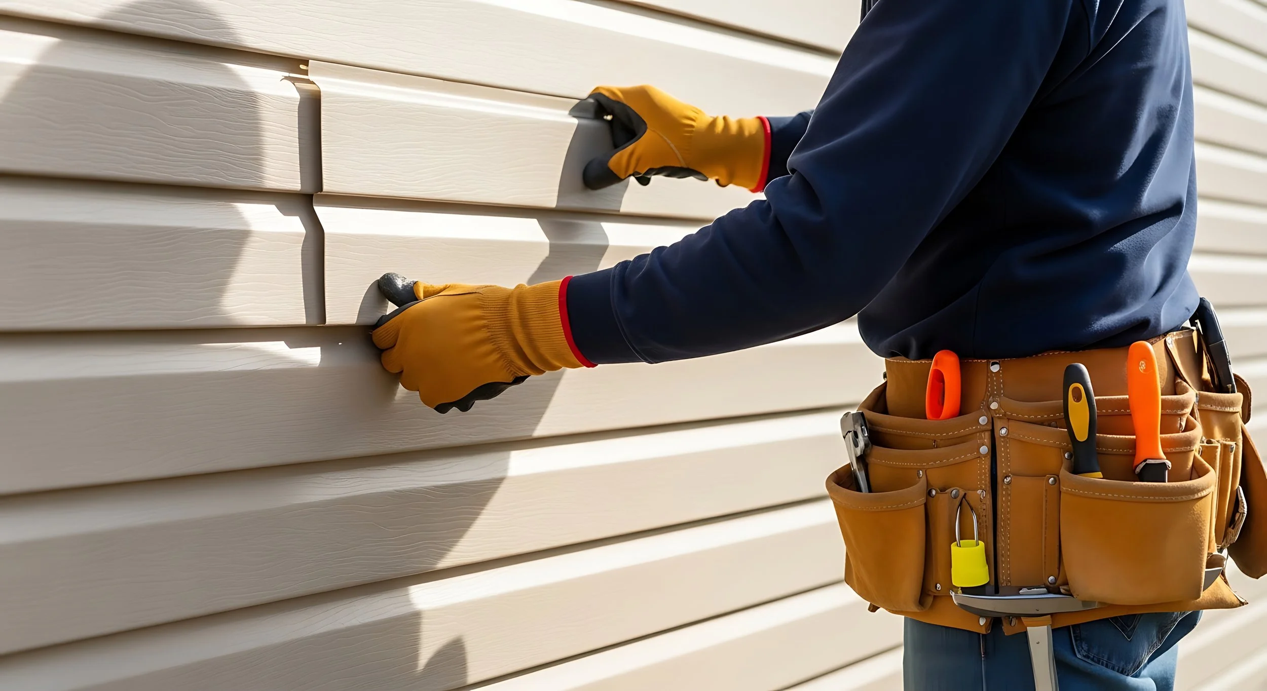 A person installing siding on an exterior wall with tools in a tool belt.