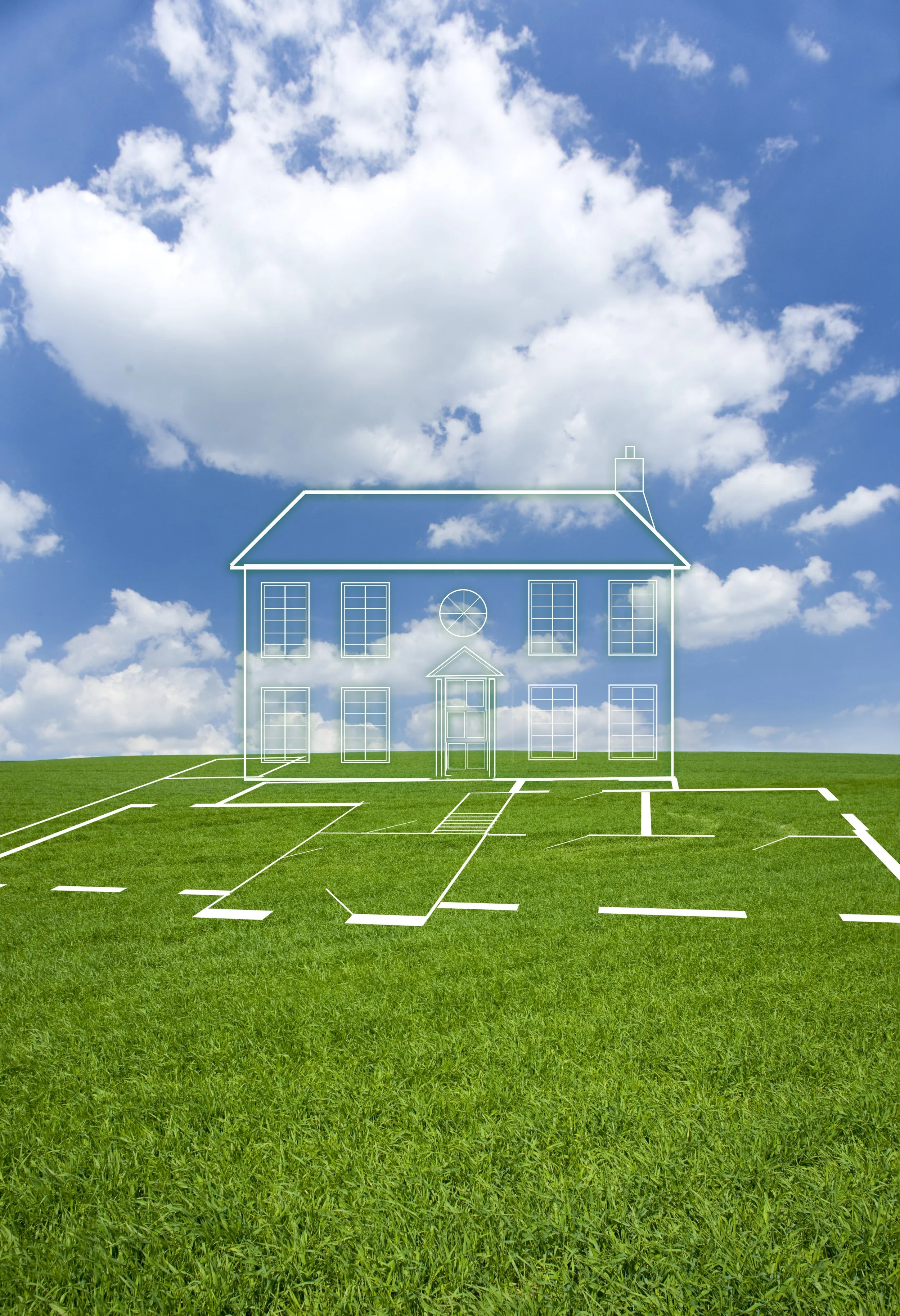 A green grassy field with white lines marking parking spaces and a faint outline of a house drawn over the sky, with a blue sky and scattered clouds in the background.