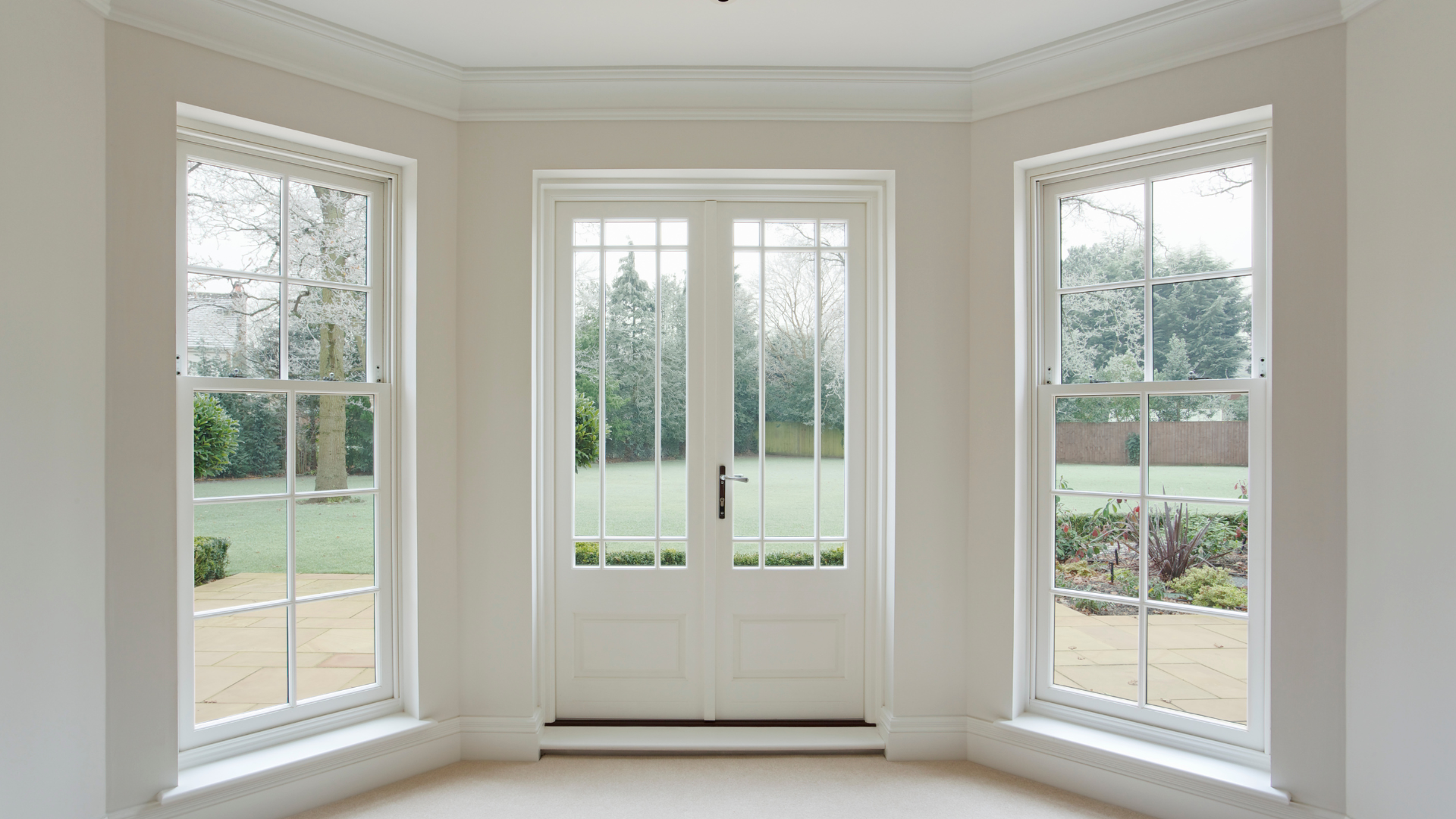 A room with white walls and crown molding, featuring a set of double glass doors and two large windows, overlooking a backyard with grass, trees, and bushes.