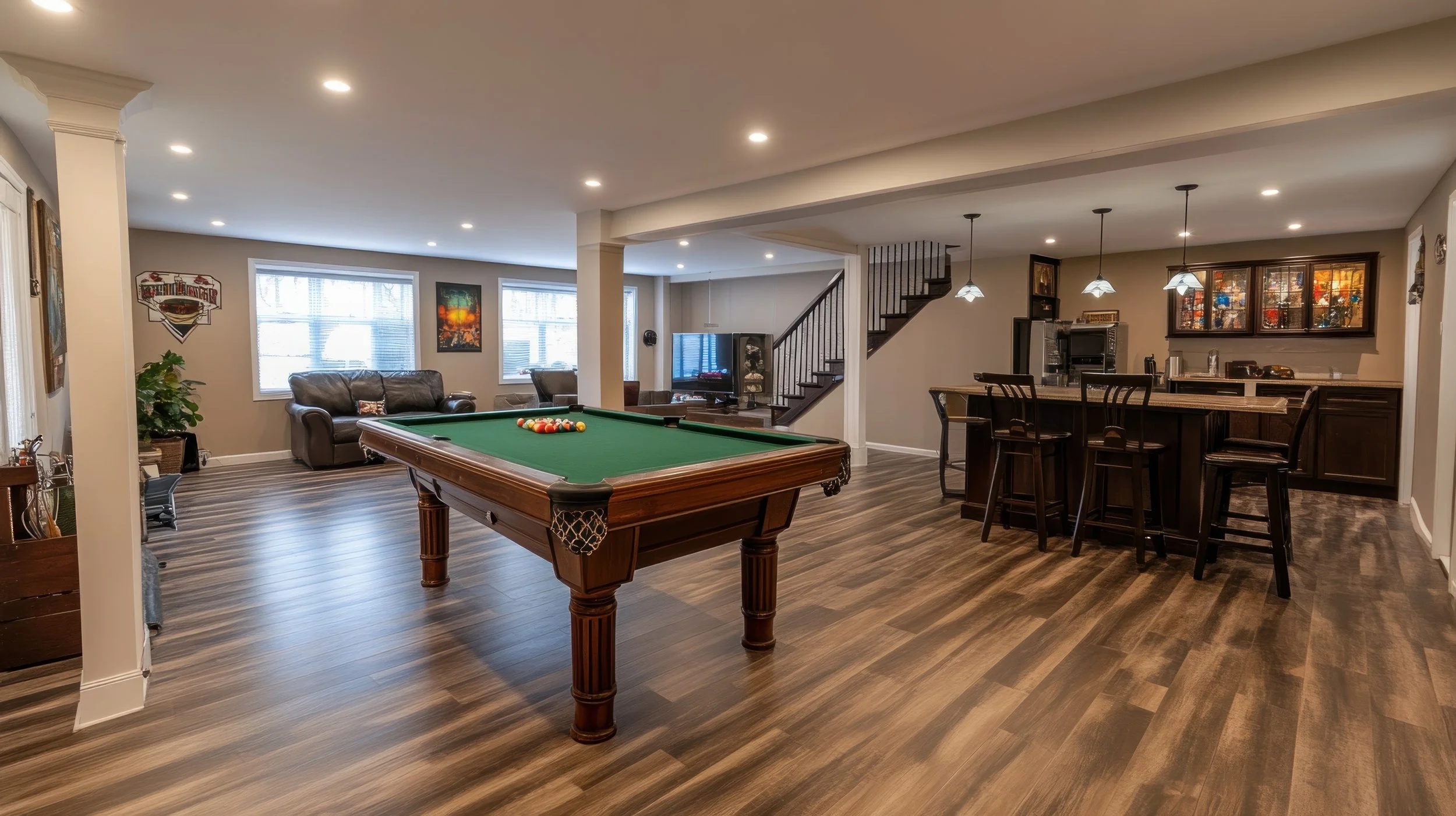 A spacious basement recreation room with a pool table, leather sofa, large windows, and a bar area with bar stools and pendant lighting.
