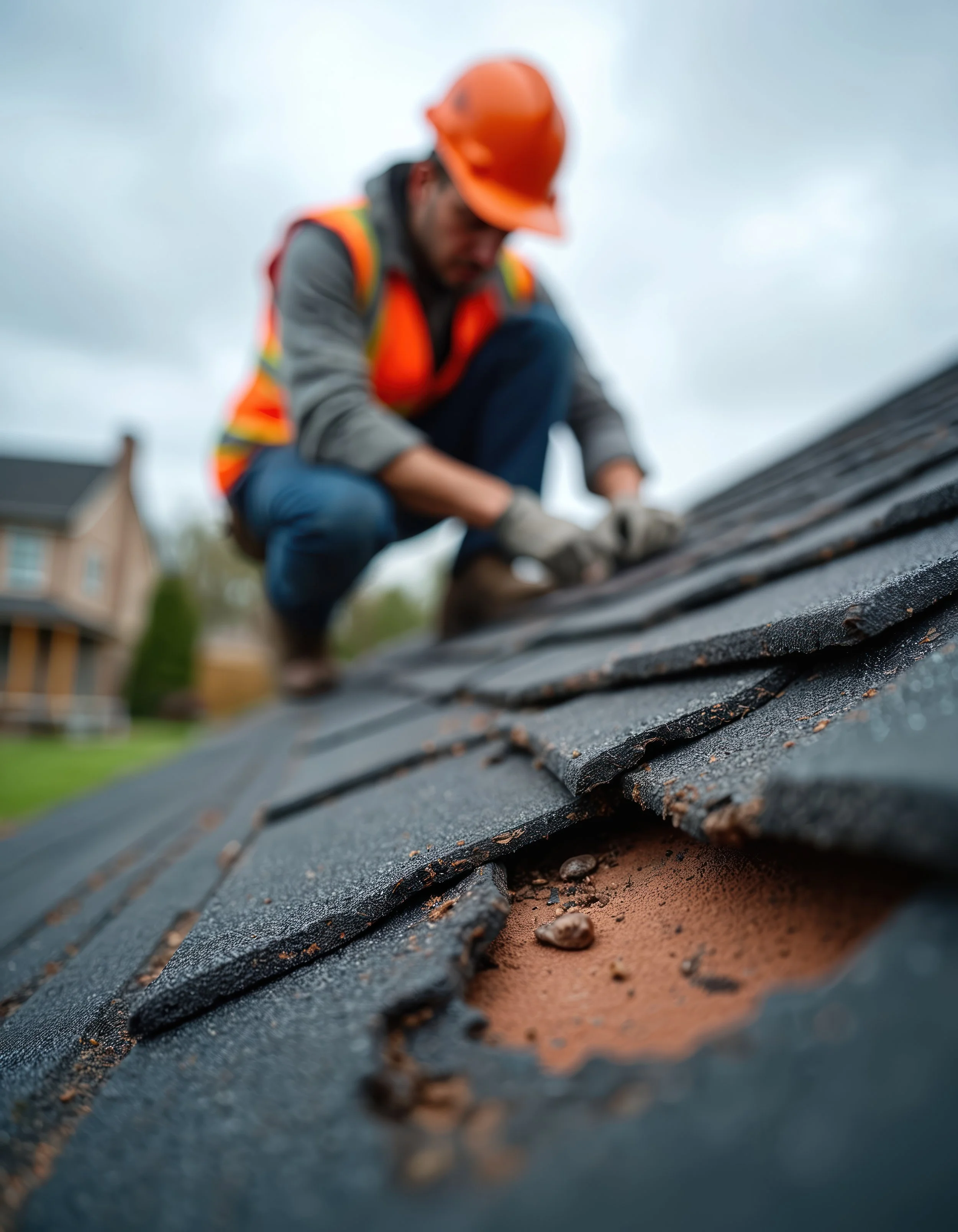Close-up of asphalt shingles on a roof with a worker in a safety vest and helmet kneeling nearby, repairing or inspecting the roof during overcast weather.
