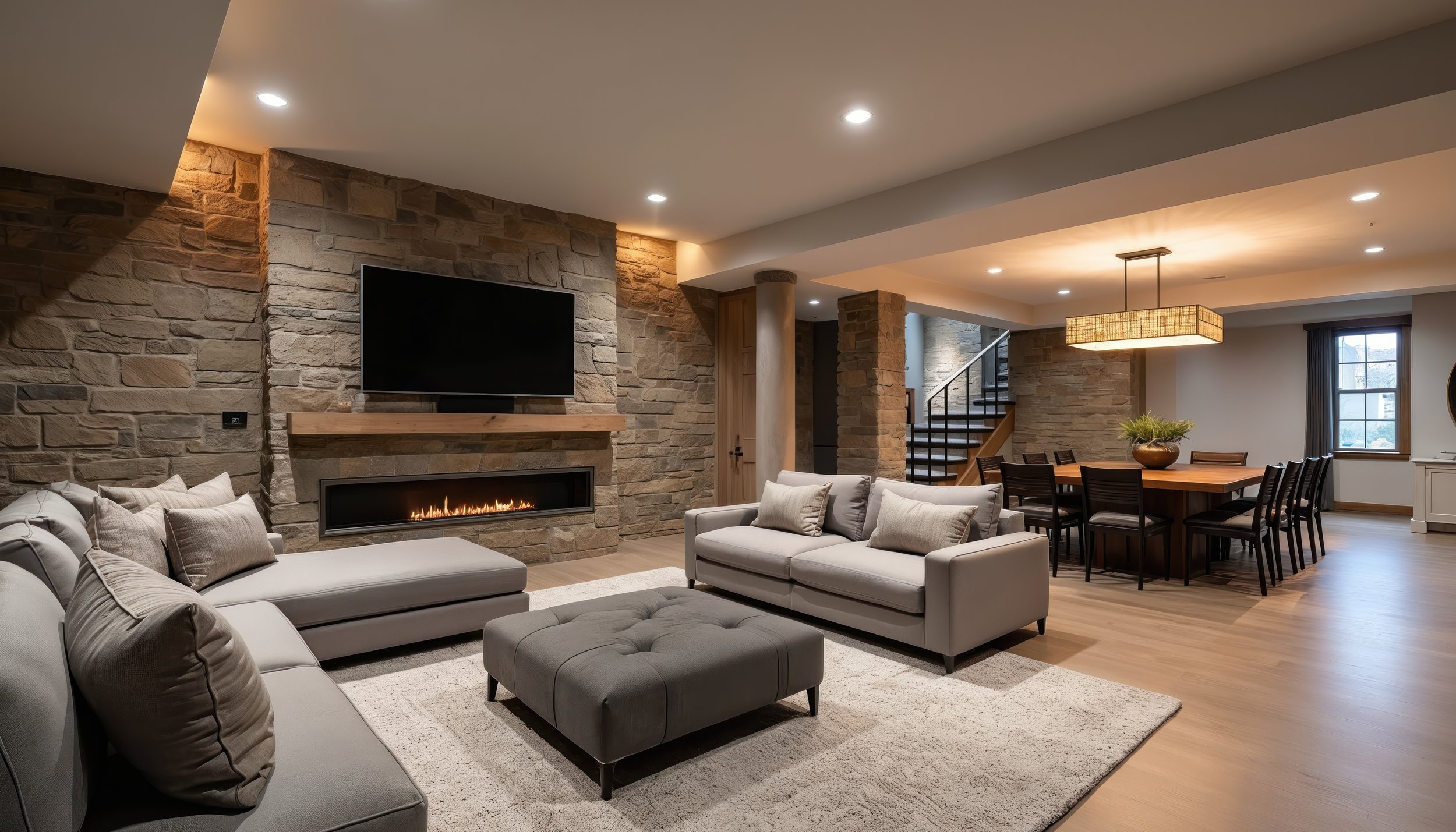 A modern living room with a stone accent wall, a wall-mounted flat-screen TV, a fireplace, a sectional sofa with pillows, a gray ottoman, and a dining area with a wooden table and black chairs. Recessed lighting and a hanging light fixture illuminate the space, which features hardwood floors and a large window with curtains.