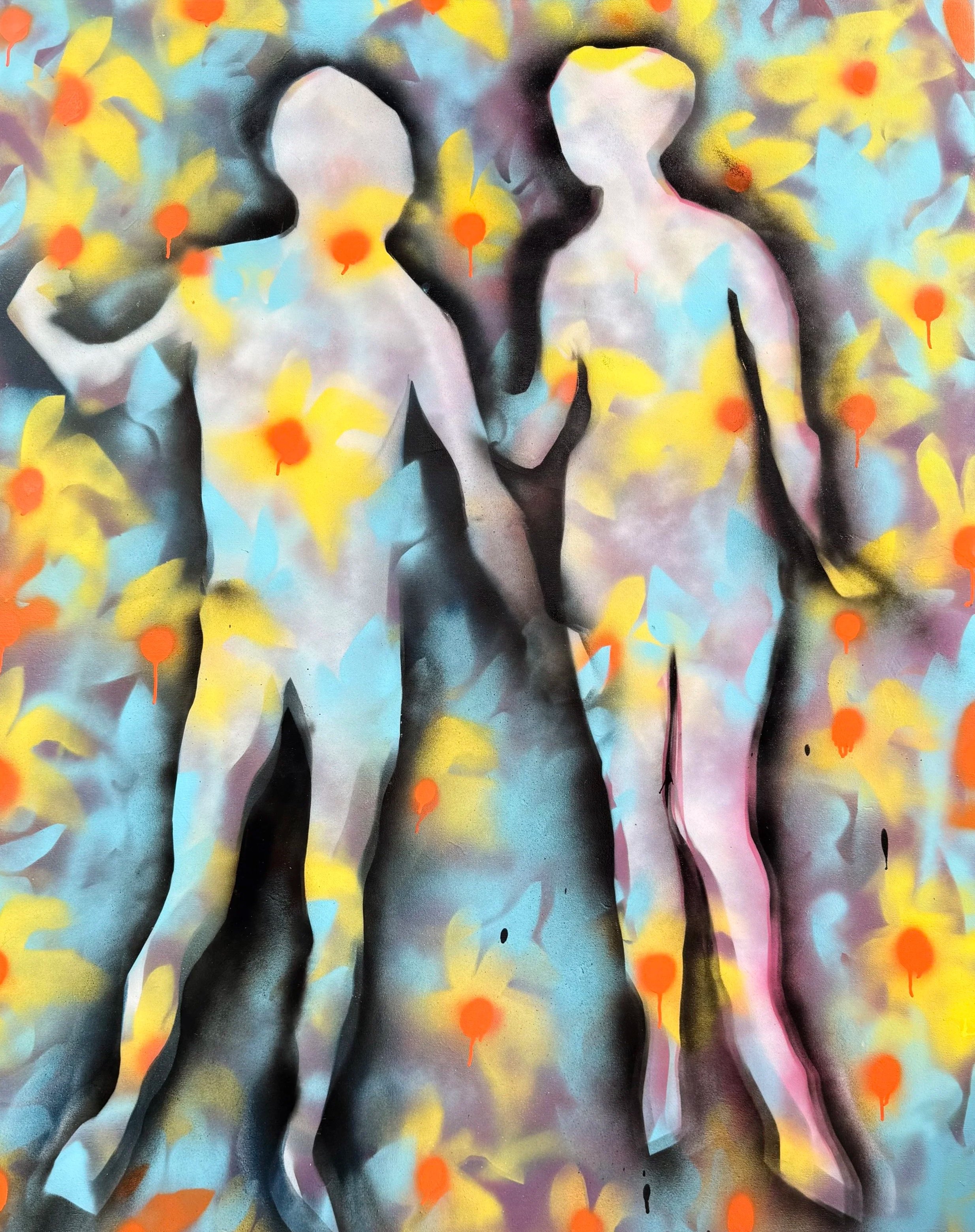 Adam and Eve. (after Albrecht Durer, 1471-1528;  original 1504). | 2026 | 60x48in. | Aerosol on canvas. 