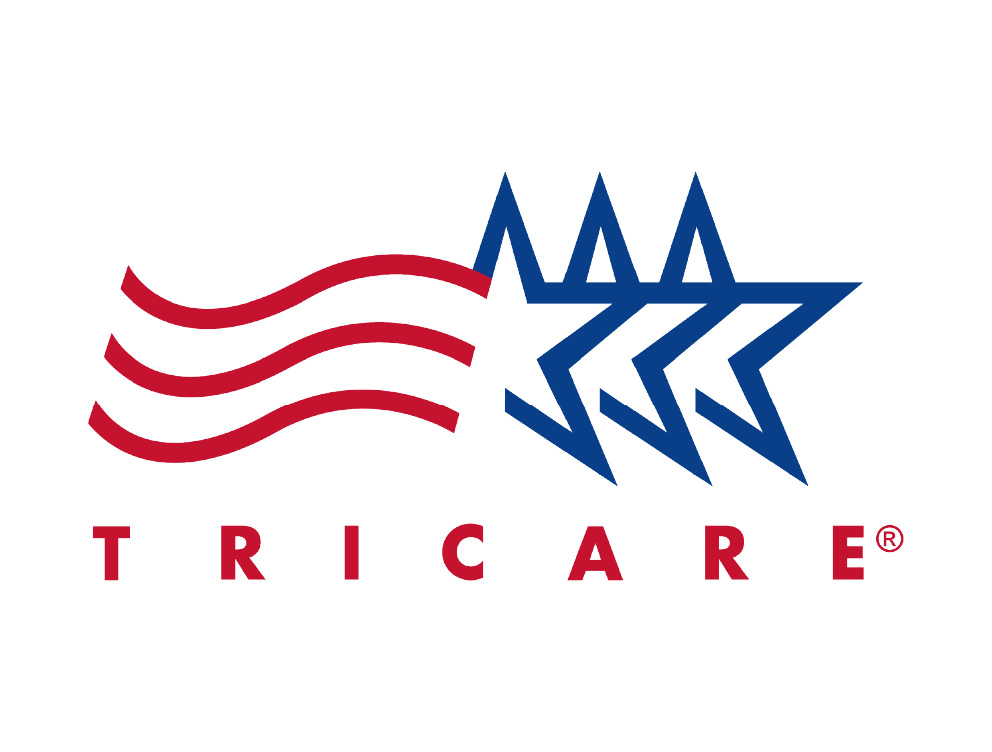 Tricare logo featuring a stylized American flag with three red wavy lines and three blue stars, and the word 'TRICARE' in red capital letters below.