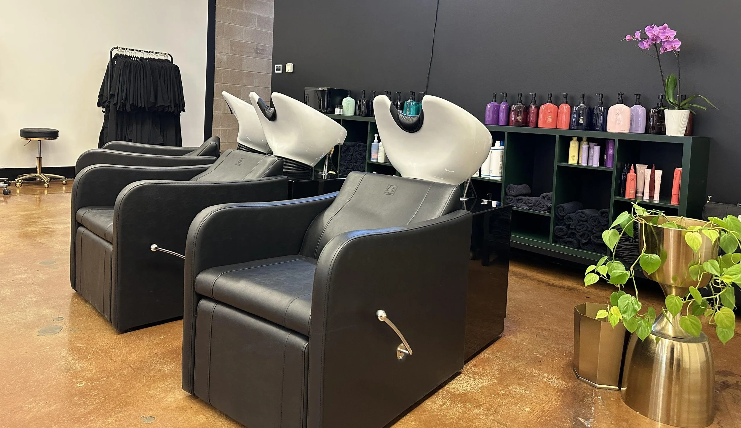 Hair salon with black reclining chairs in front of white shampoo bowls, shelves of hair products, black towels, a potted plant, and a clothing rack with black garments.