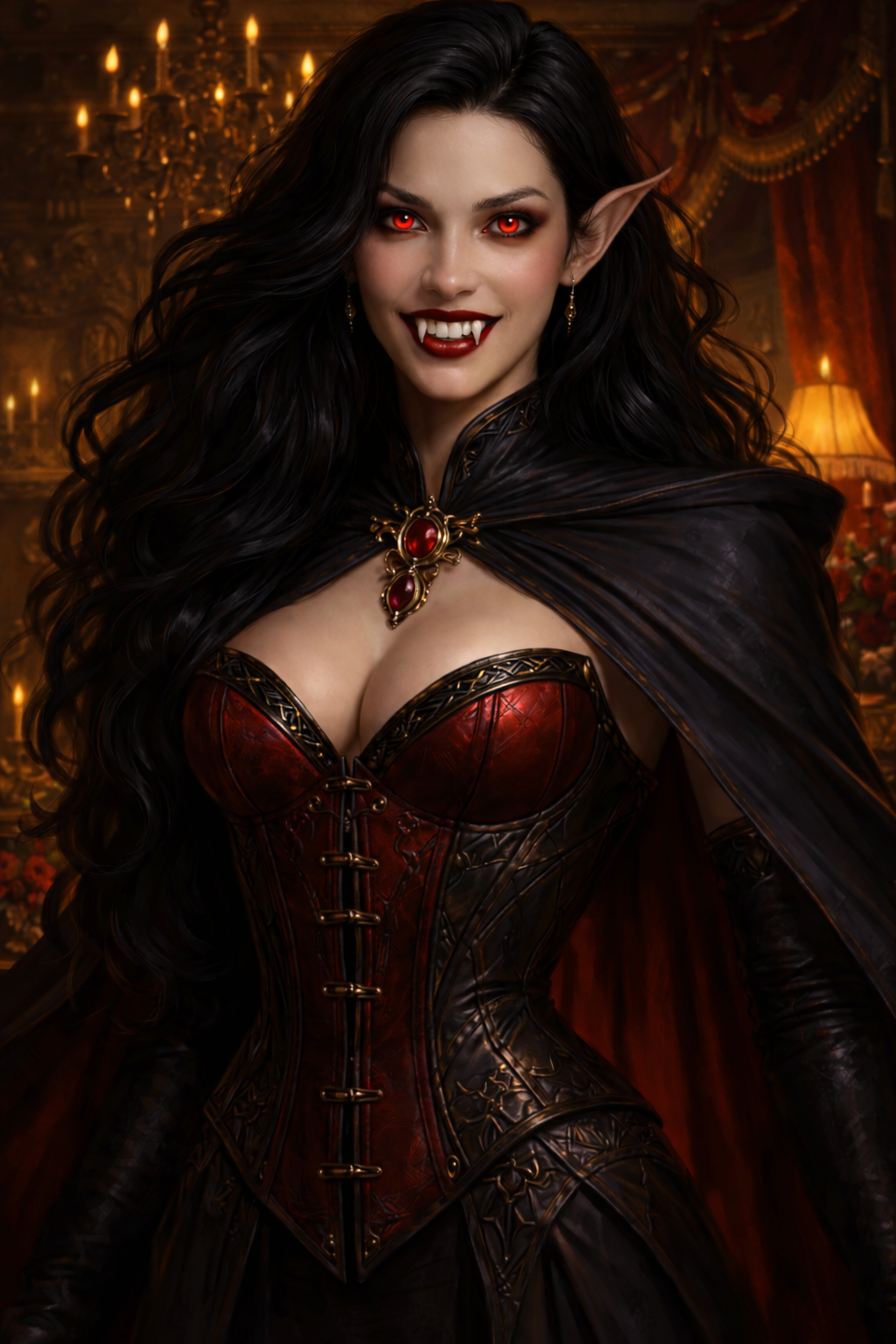 A female vampire with long black hair, red eyes, stringy fangs, and elf-like ears, dressed in a black and red leather corset and cape, standing in a dimly-lit ornate room with candles and chandeliers.