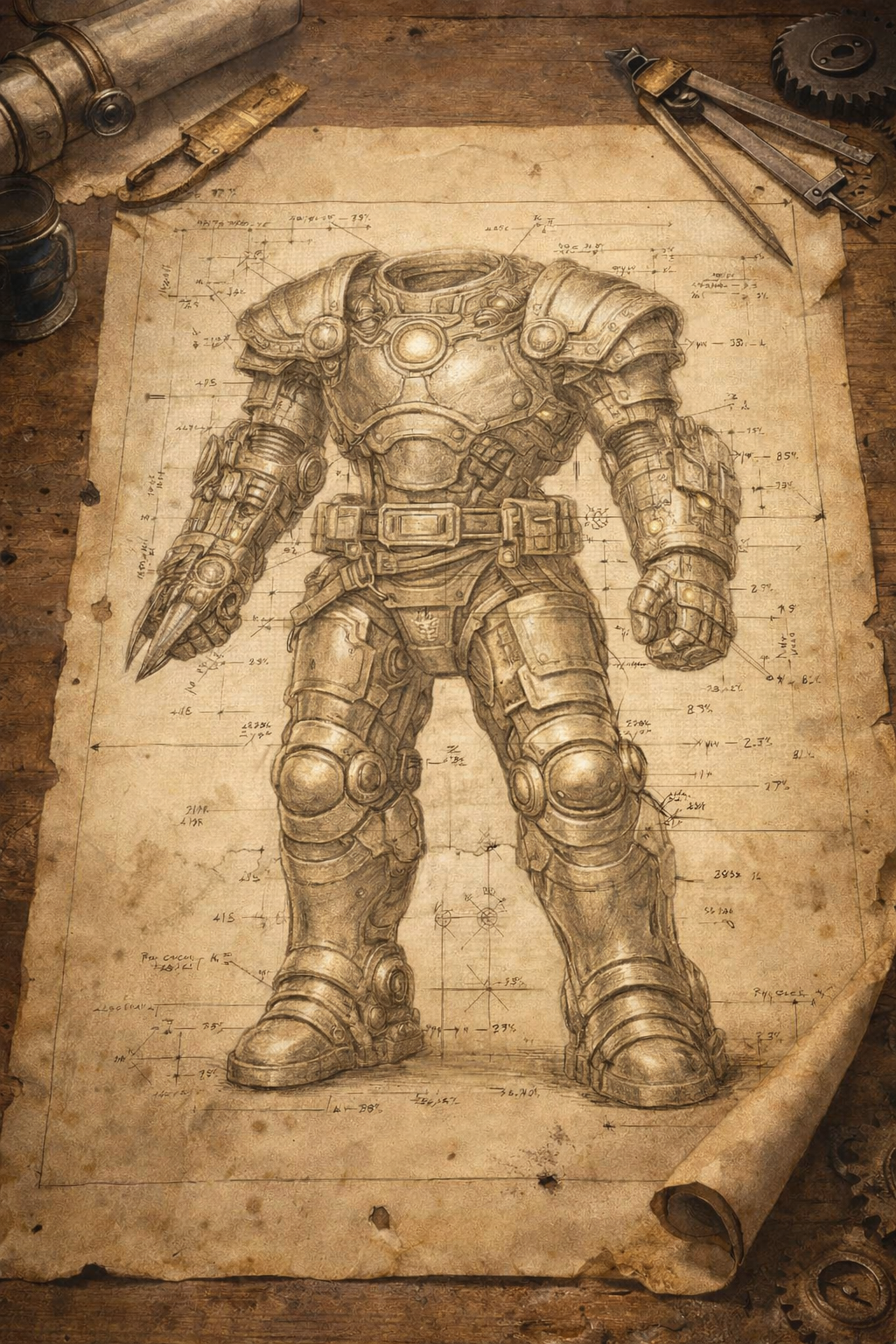 An old, stained blueprint of a futuristic suit of armor with detailed mechanical components, surrounded by drafting tools on a wooden table.