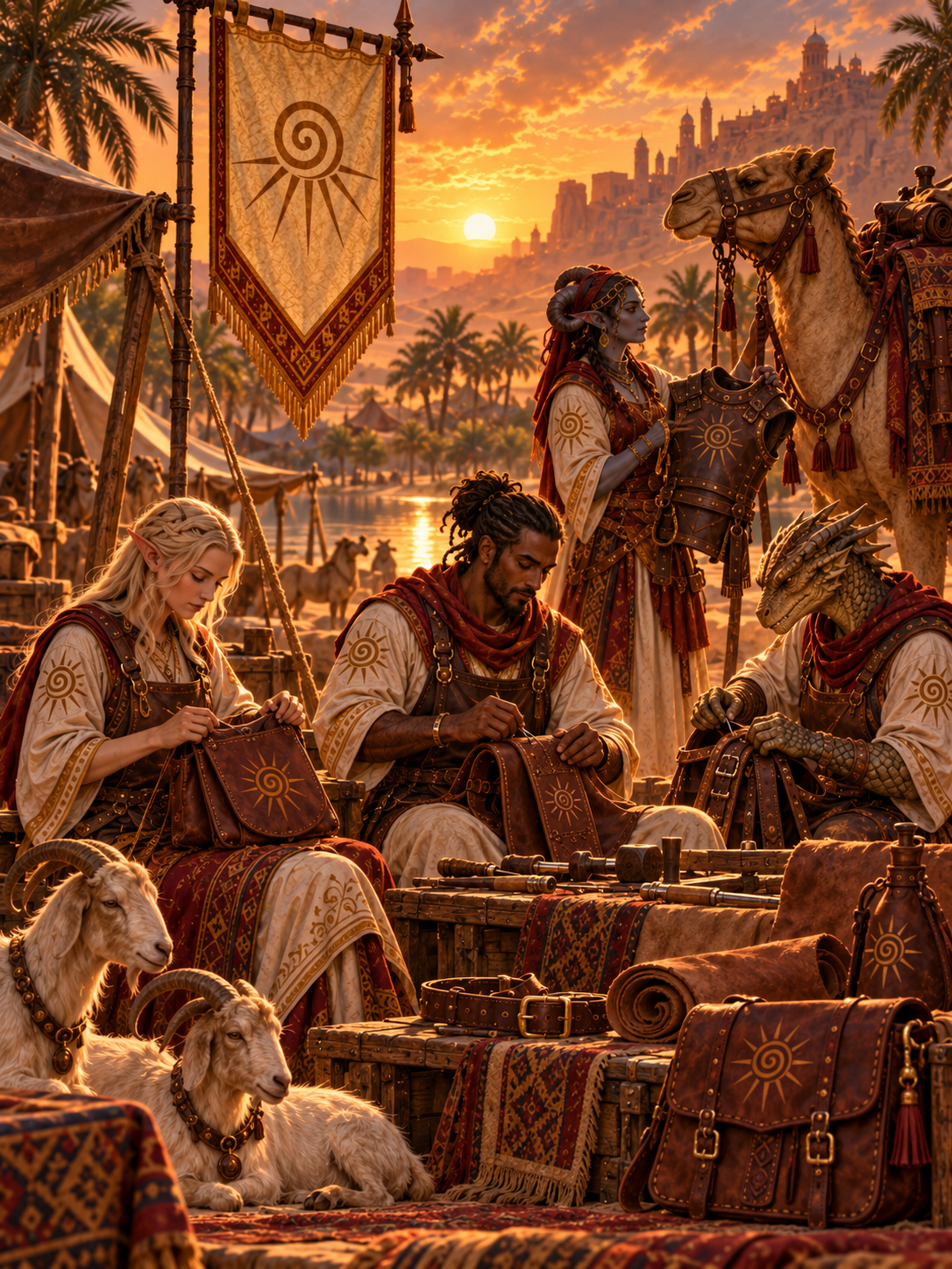 A fantasy scene set at sunset with characters in Middle Eastern-inspired attire, camels, and desert animals. Textiles and tents surround a market scene near a river with a city on a hill in the background.