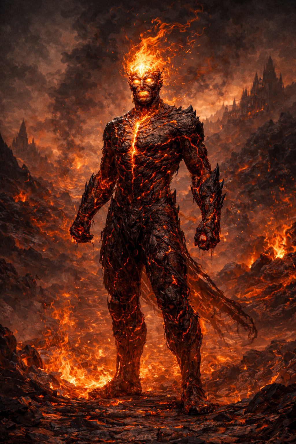 A fiery humanoid figure with flames for hair standing amidst a volcanic landscape with blackened, molten rock and fire in the background.