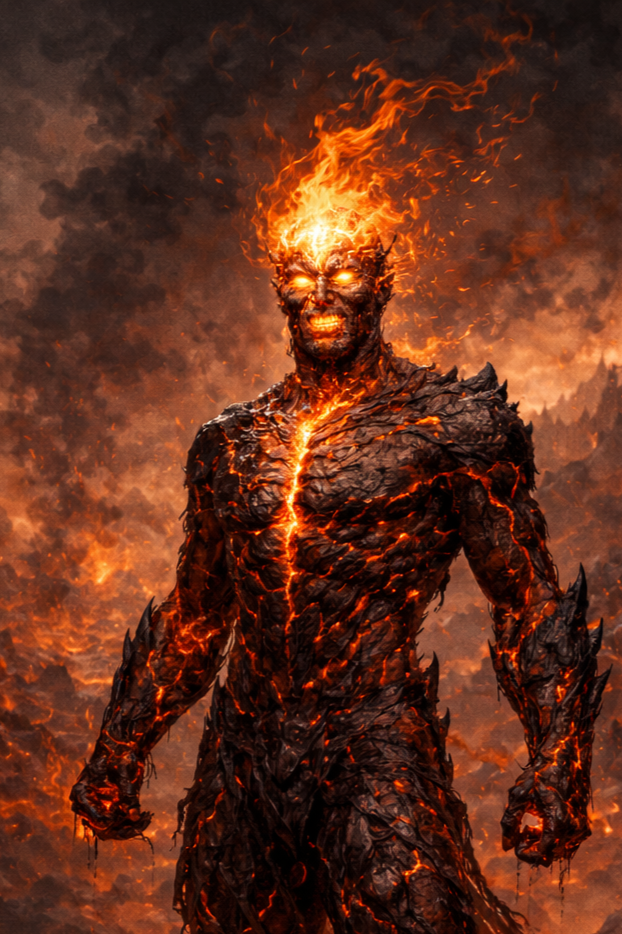 A fiery humanoid figure with flames for hair standing amidst a volcanic landscape with blackened, molten rock and fire in the background.