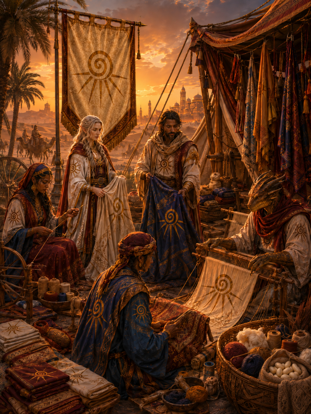 People dressed in colorful medieval clothing with sun symbols, working with fabrics and yarns in an outdoor market at sunset, with a city and desert landscape in the background.
