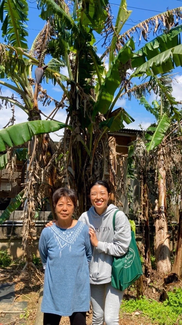 Two women standing outdoors in front of a tall banana tree with green and brown leaves. One woman is older, wearing a blue dress, and the other is younger, wearing a gray hoodie and carrying a green tote bag. Both are smiling in bright sunlight with a blue sky above.