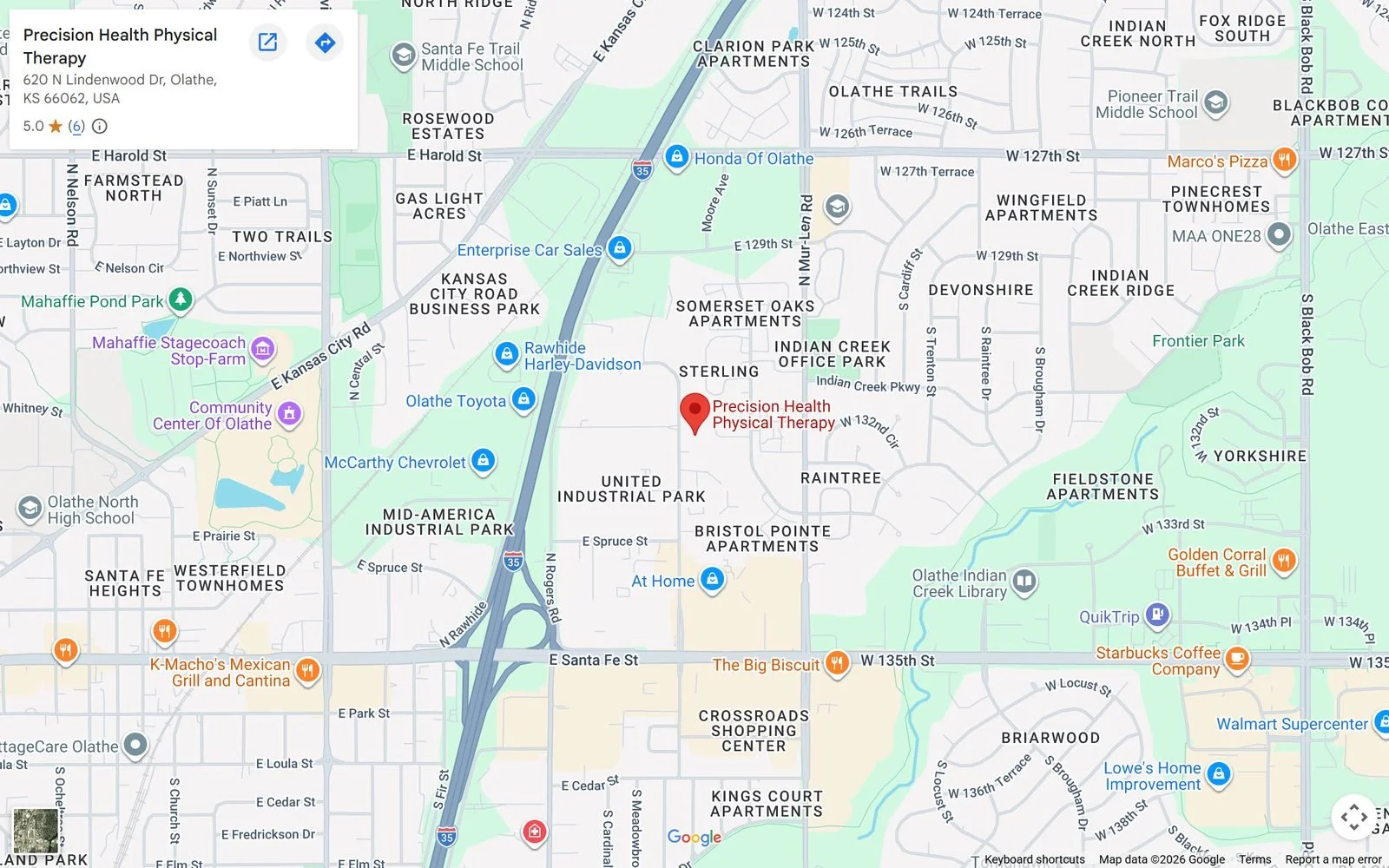 Map showing Precision Health Physical Therapy inside Forge Athletics, just off I-35 in Olathe, KS