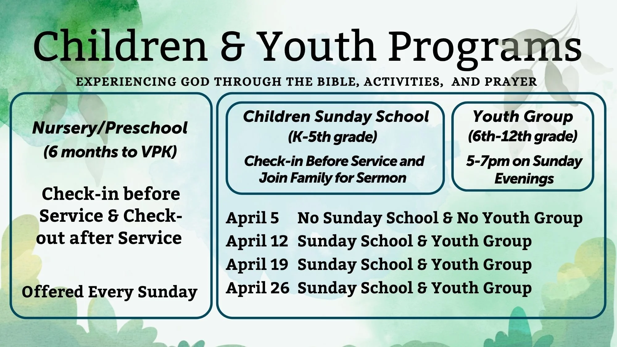 Children and Youth Programs poster with schedule and details, including nursery/preschool, Sunday school, and youth group activities.