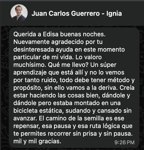 Mensaje de texto de Juan Carlos Guerrero a Edisa, expresando agradecimiento por su ayuda y reflexiones sobre la vida y la perseverancia.