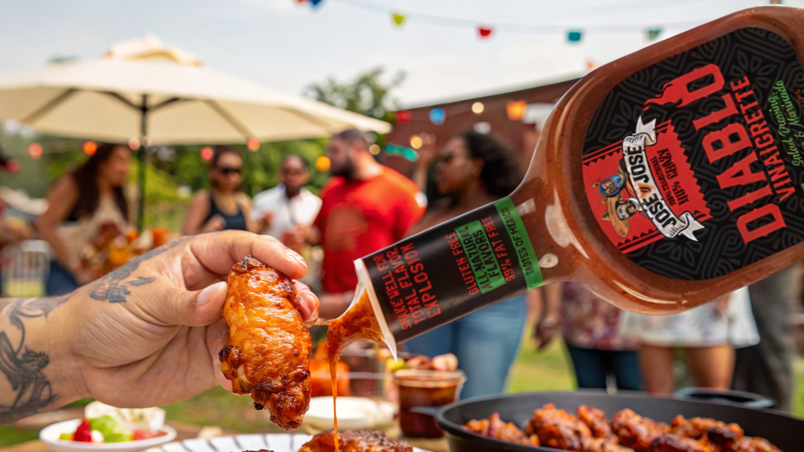 Hand holding a chicken wing being dipped in Jose y Jose Diablo Vinaigrette at outdoor gathering with people, umbrella, and string lights.