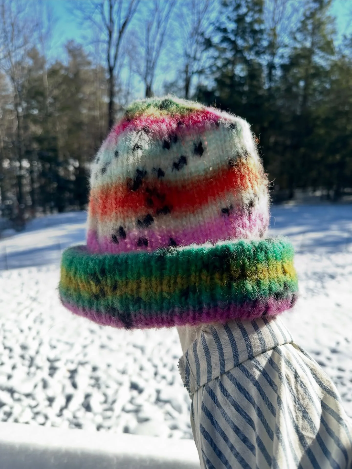 🐟🐟Trout hat! My husband&rsquo;s birthday was this weekend and I made him this beanie with yarn that looks like a rainbow trout when it&rsquo;s knitted up. This yarn from @langyarns_official is always sold out online and I fought long and hard to fi
