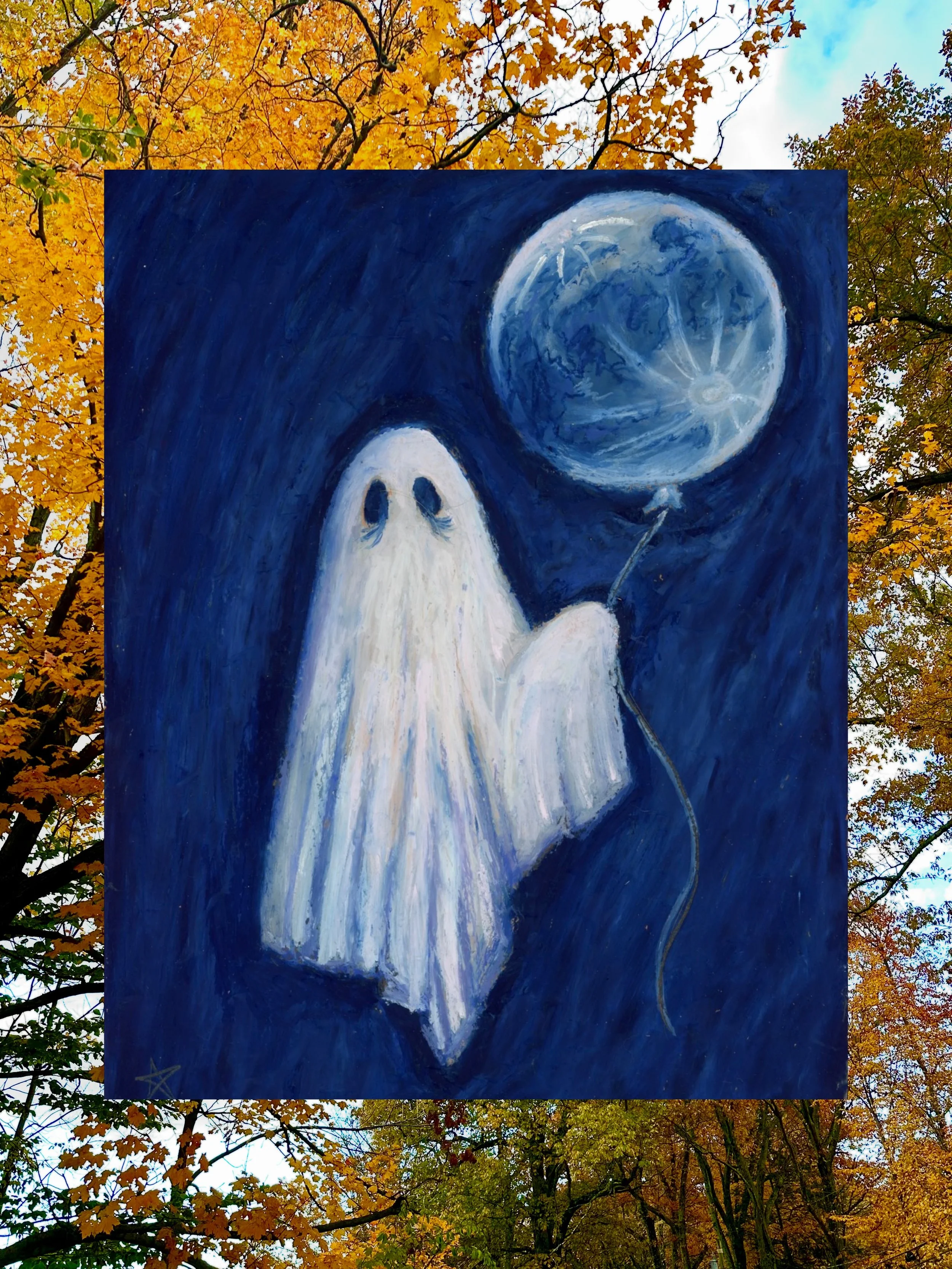 Years ago while listening to Phoebe Bridgers I sketched a ghost holding a moon balloon. There was something so sad, earnest, and ethereal about the little guy, so I remade him this year in oil pastels. Happy to announce that this piece is on display 