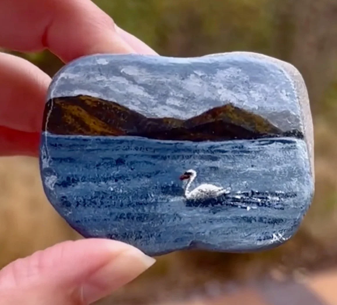 Loch Lomond Swan, acrylic on natural rock, roughly 1x2", 2023