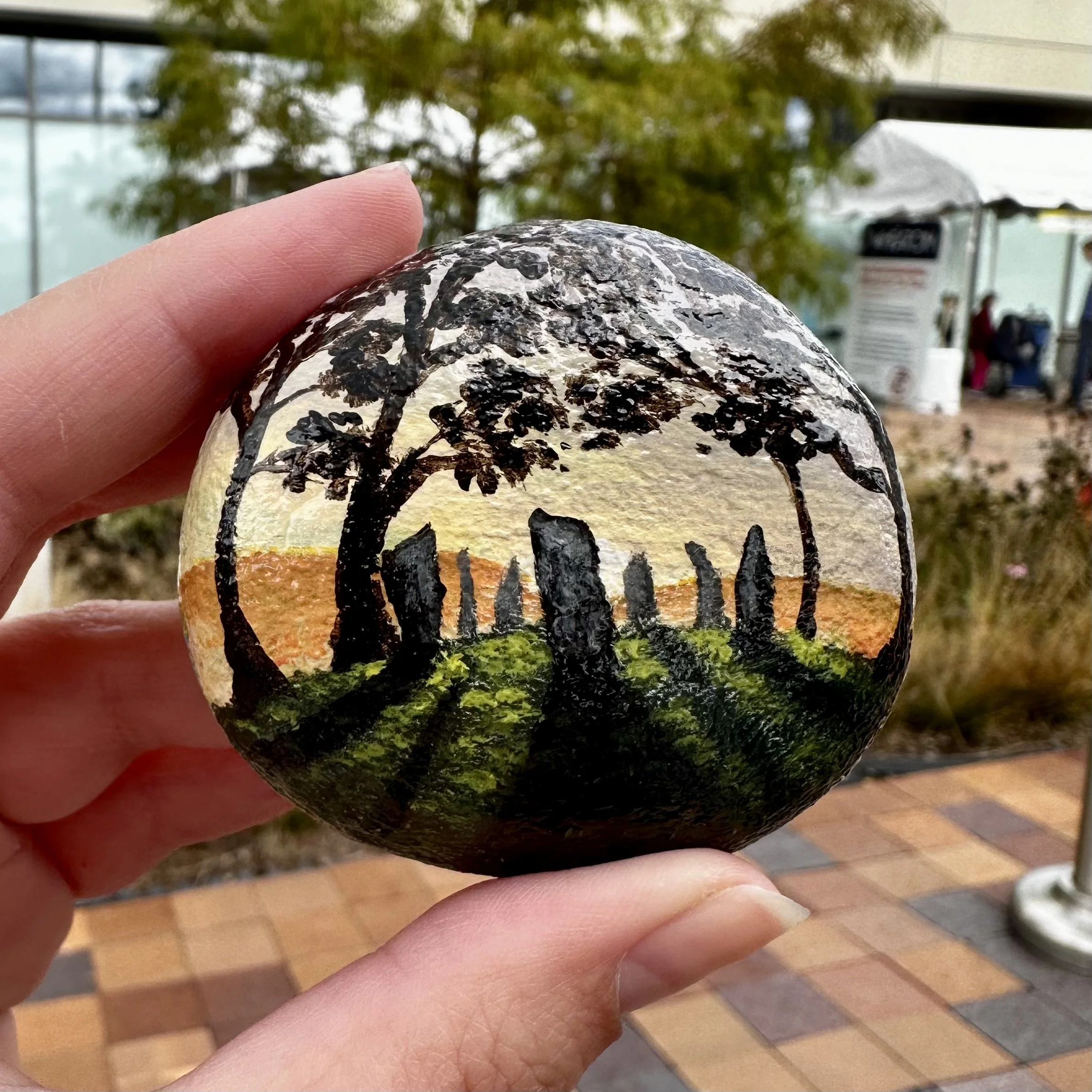 Standing Stones, acrylic on natural rock, roughly 3x3", 2023