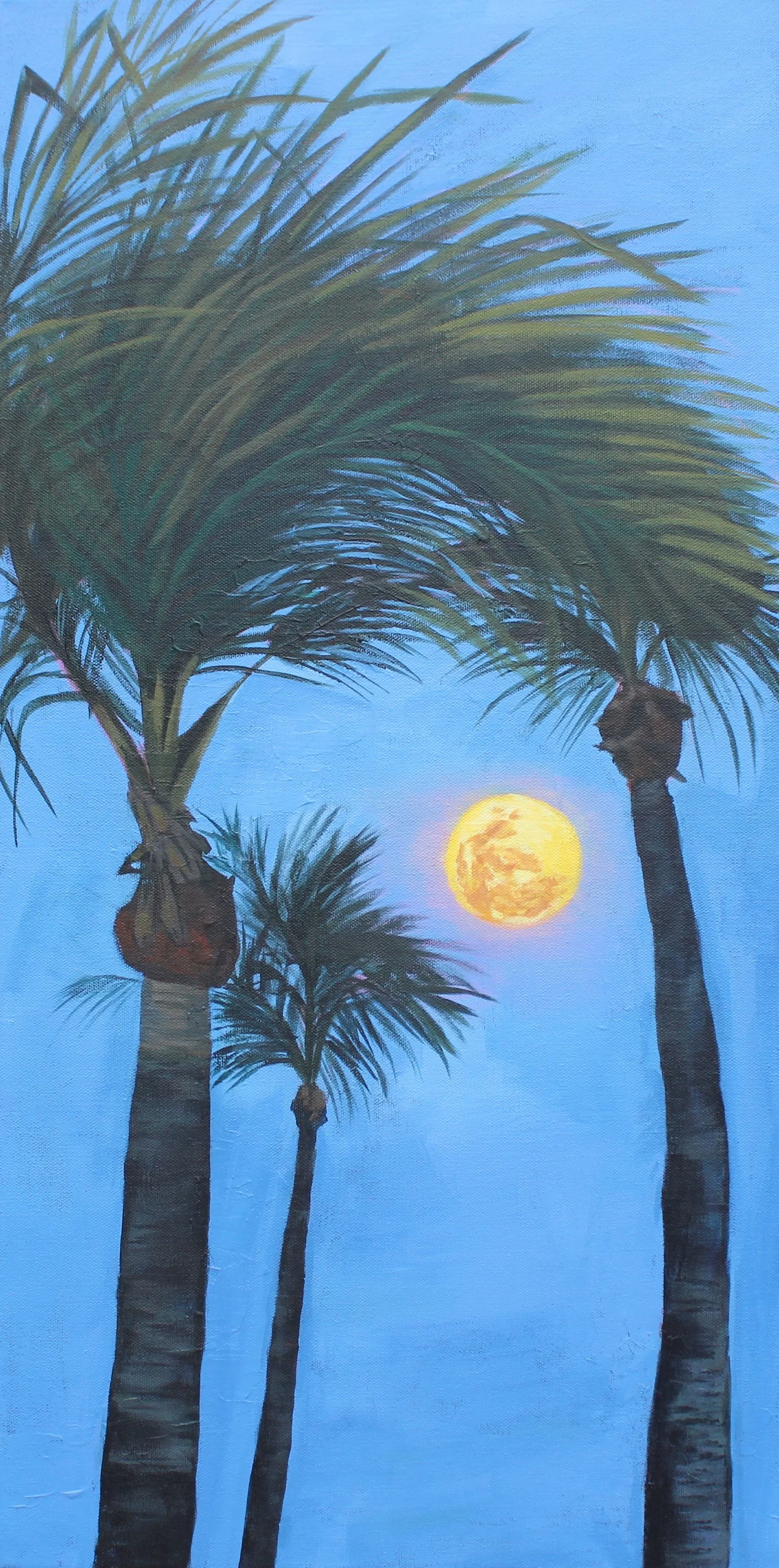 Full Moon Between Palms, Acrylic on canvas, 15x30, 2024