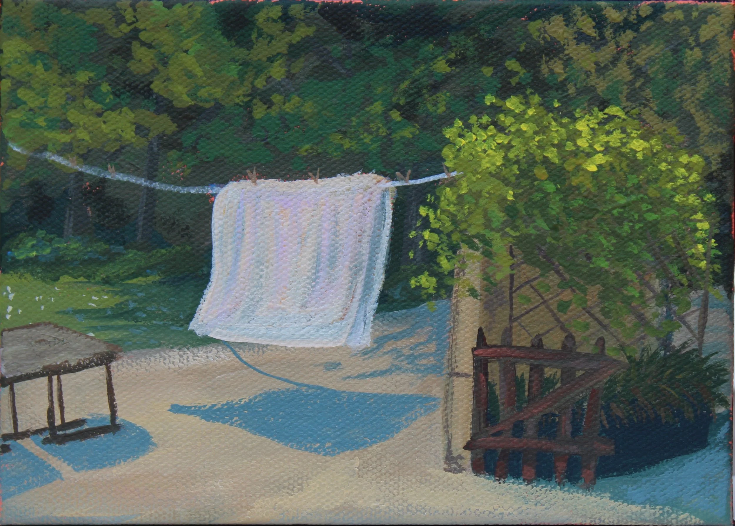 Sheet at the Chateau, Acrylic gouache on canvas, 5x7, 2024