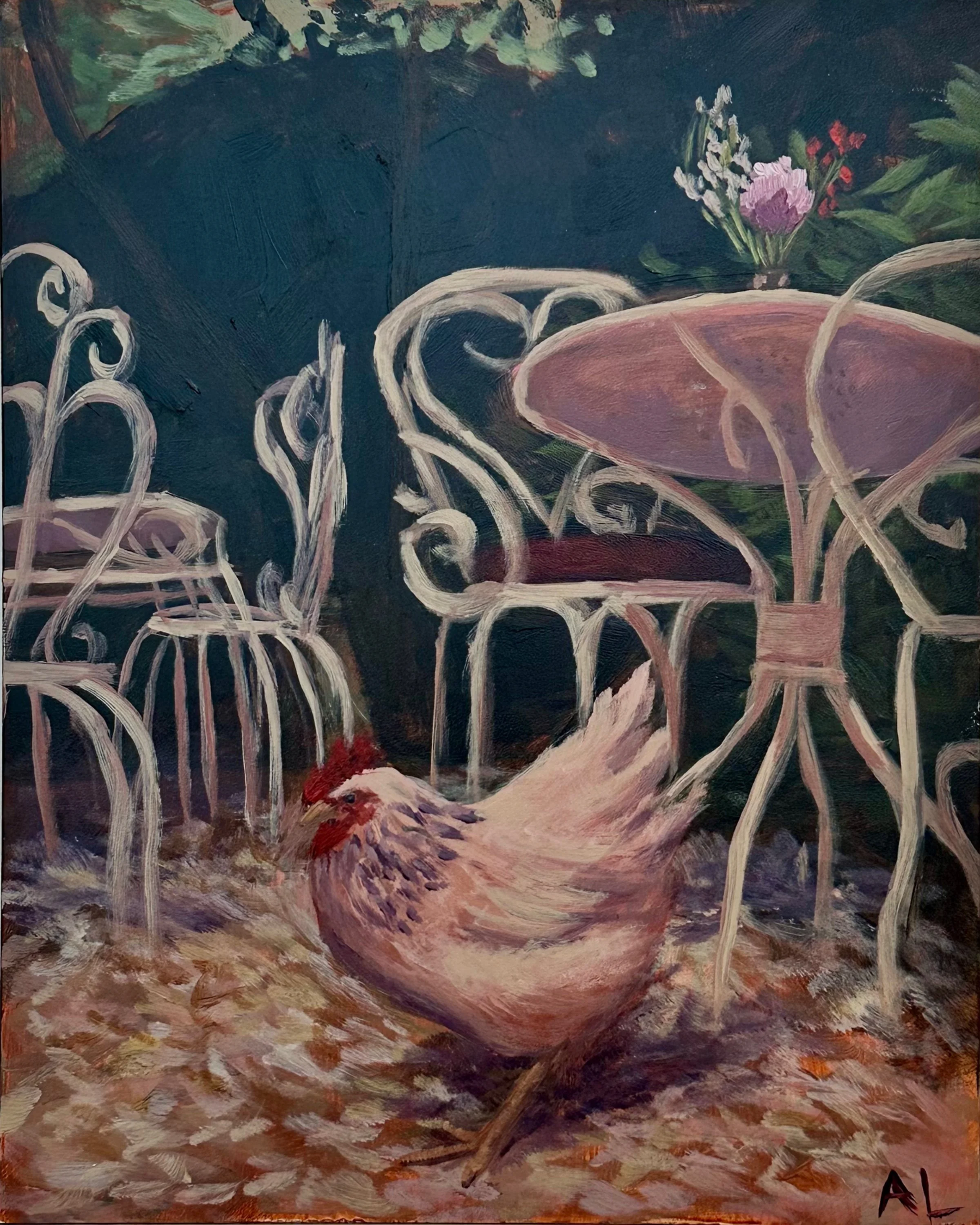Cafe Chicken, Acrylic on gessoboard, 8x10, 2025
