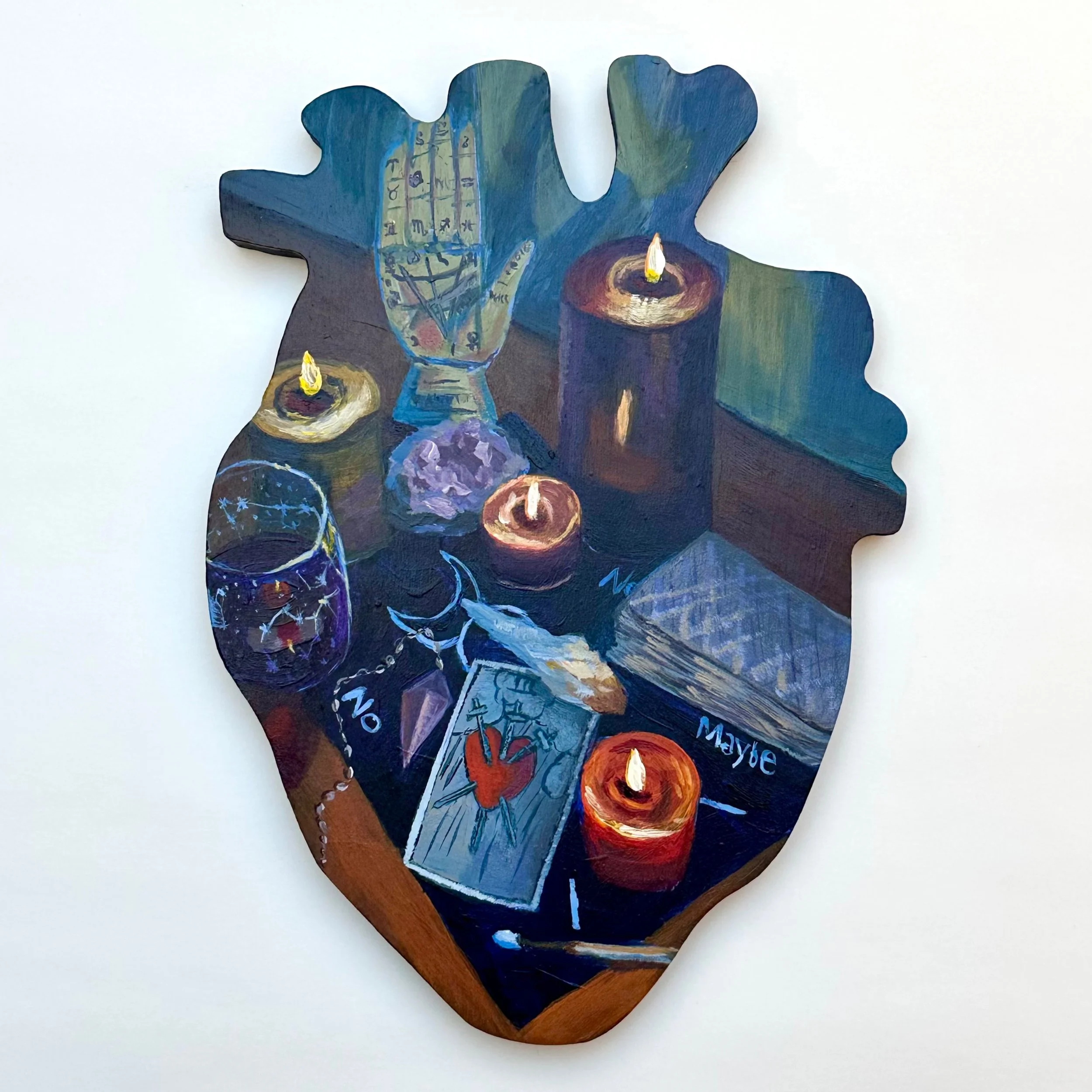 Three of Swords, Acrylic on wood heart panel, 8x5.5, 2025