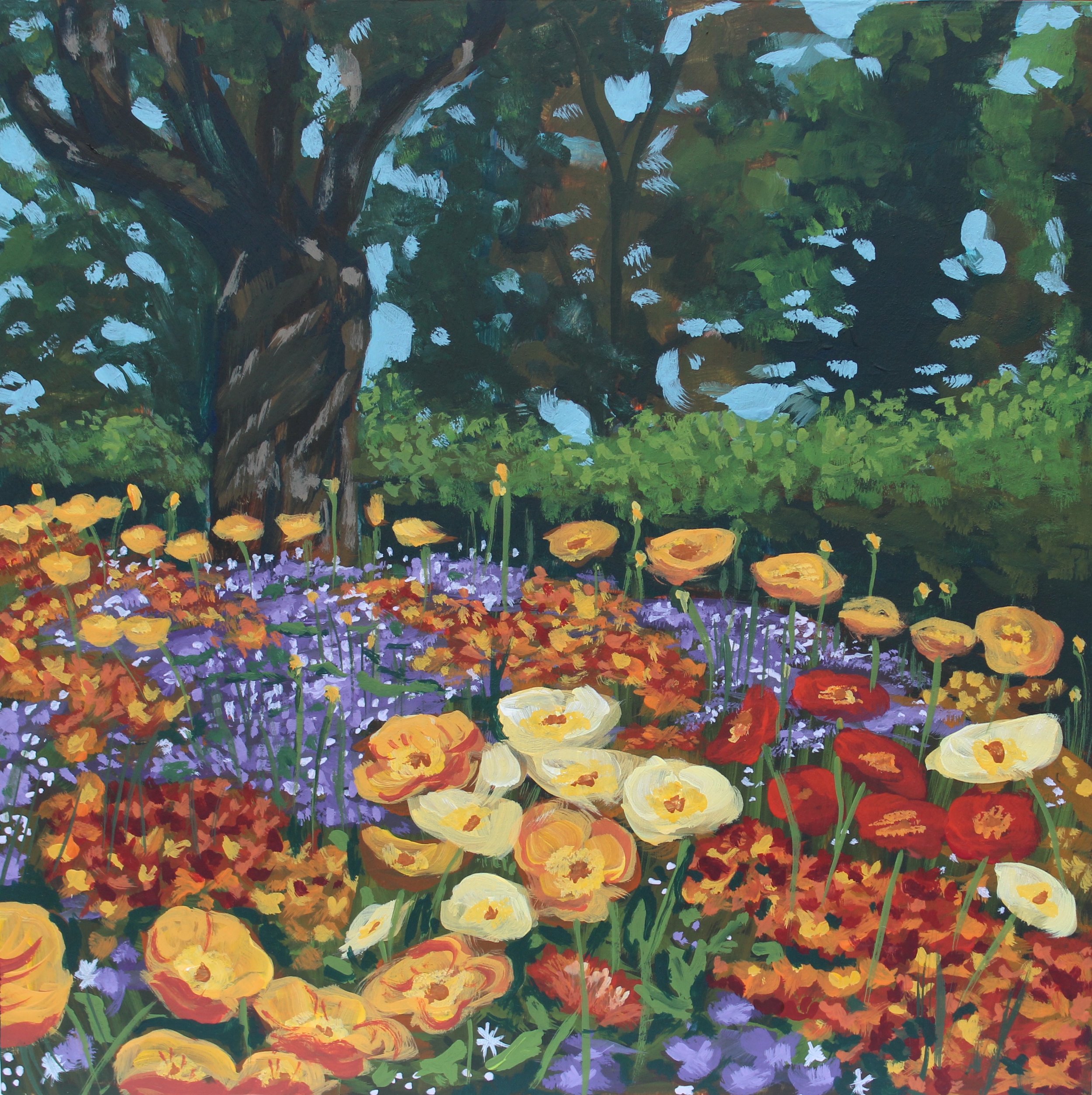 painting of orange, red, and purple wildflowers