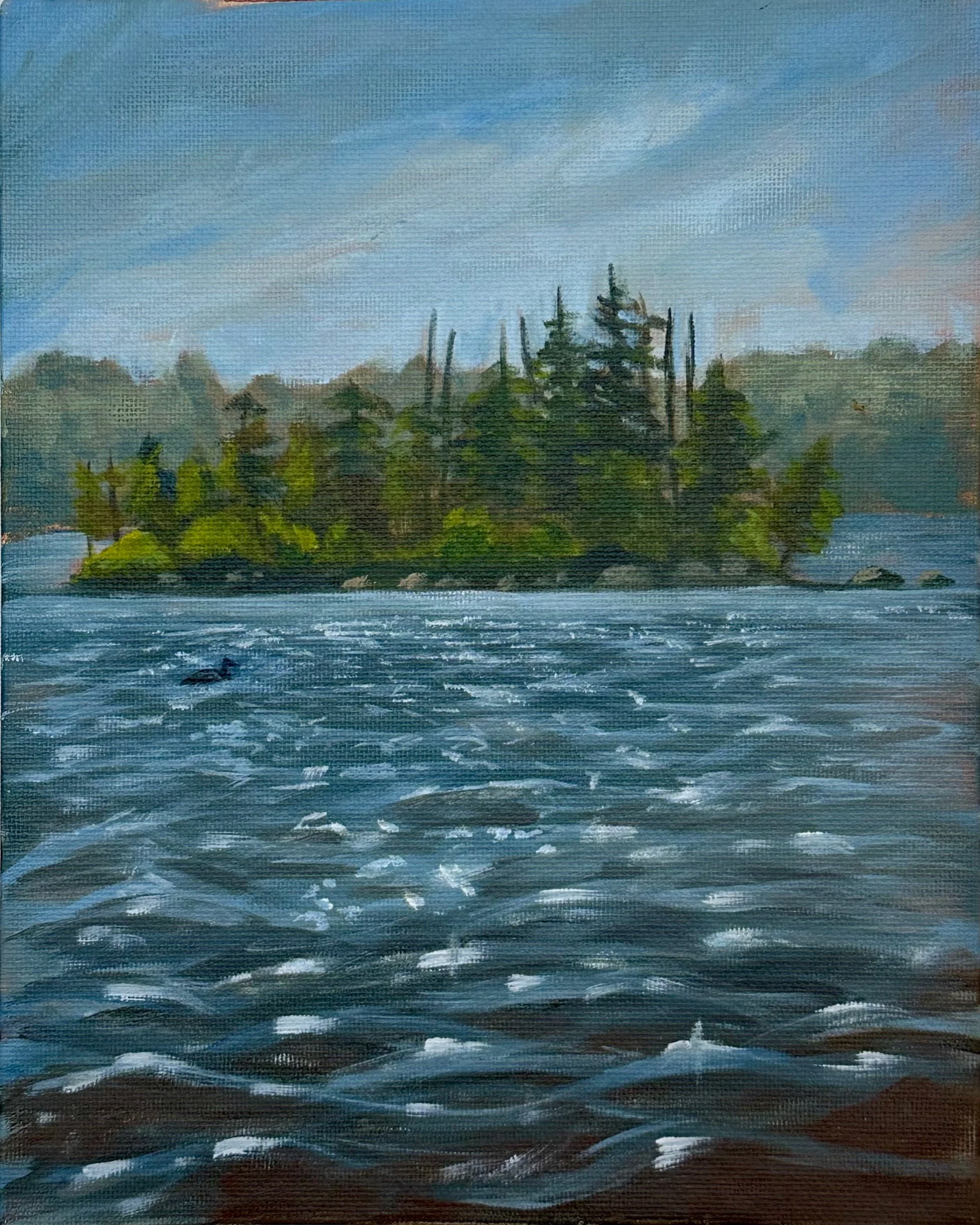 Maine Lake Plein Air, Acrylic on canvas board, 8x10, 2025
