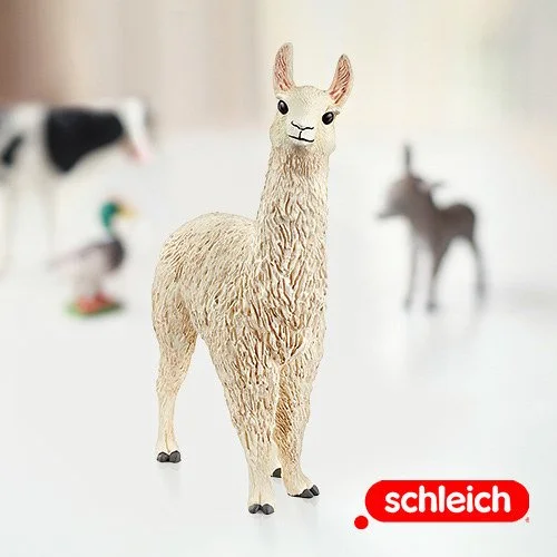 A product image composite a Schleich llama figurine with other animal figures blurred in the background.